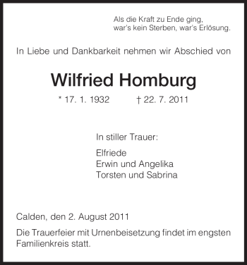 Todesanzeige von Wilfried Homburg von HNA