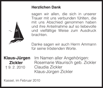 Todesanzeige von Klaus-Jürgen Zickler von HNA