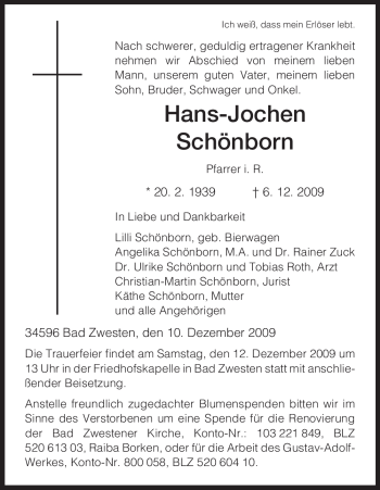Todesanzeige von Hans-Jochen Schönborn von HNA