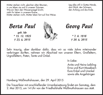 Todesanzeige von Berta und Georg Paul von HNA