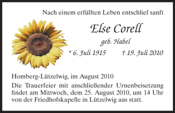 Todesanzeige von Else Corell von HNA