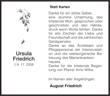 Todesanzeige von Ursula Friedrich von HNA