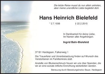 Todesanzeige von Hans Heinrich Bielefeld von HNA