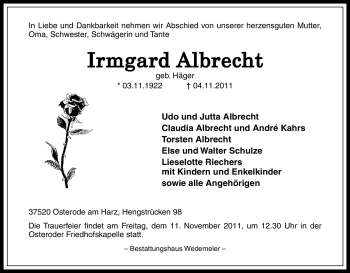 Todesanzeige von Irmgard Albrecht von HNA