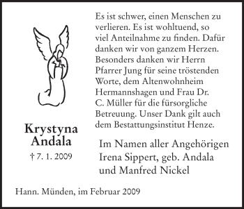 Todesanzeige von Krystyna Andala von HNA