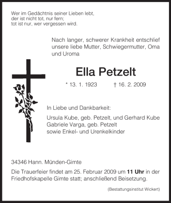 Todesanzeige von Ella Petzelt von HNA