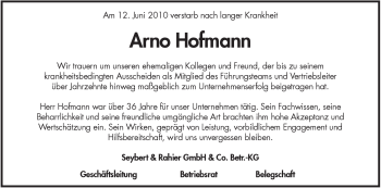 Todesanzeige von Arno Hofmann von HNA