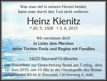 Todesanzeige von Heinz Kienitz von HNA