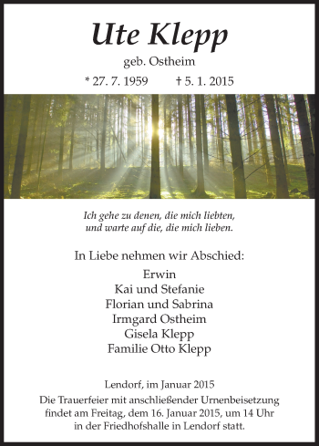 Todesanzeige von Ute Klepp von HNA