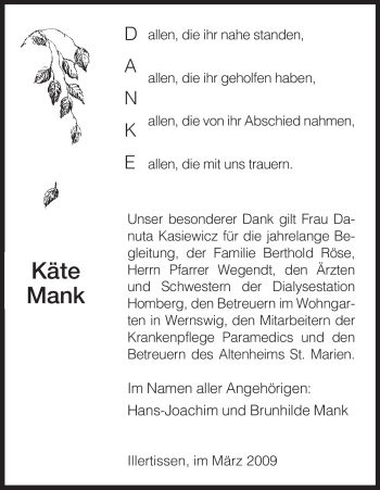 Todesanzeige von Käte Mank von HNA