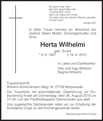 Todesanzeige von Herta Wilhelmi von HNA