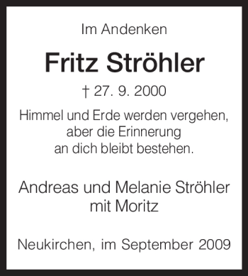 Todesanzeige von Fritz Ströhler von HNA