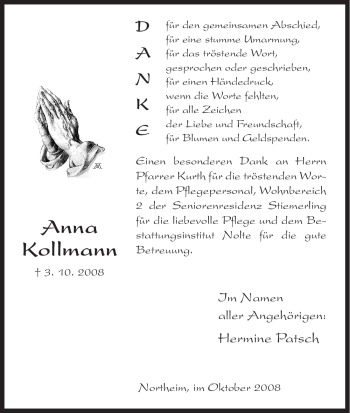 Todesanzeige von Anna Kollmann von HNA