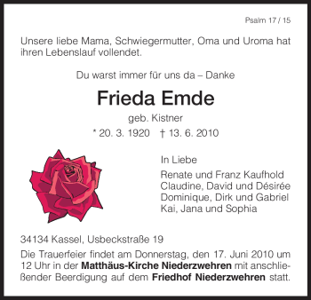 Todesanzeige von Frieda Emde von HNA