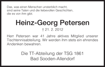 Todesanzeige von Heinz-Georg Petersen von HNA