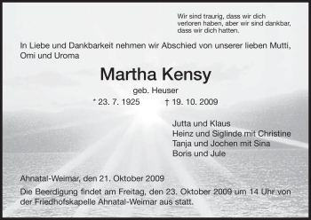 Todesanzeige von Martha Kensy von HNA