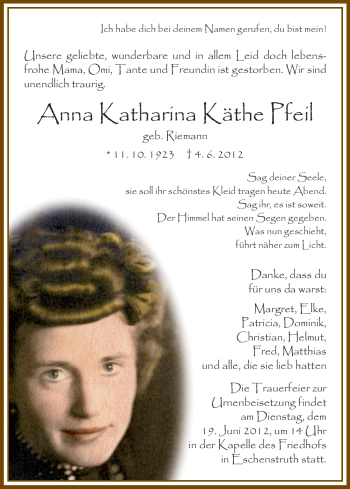 Todesanzeige von Anna Katharina Käthe Pfeil von HNA