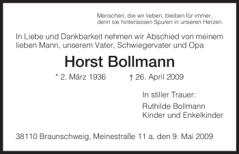 Todesanzeige von Horst Bollmann von HNA