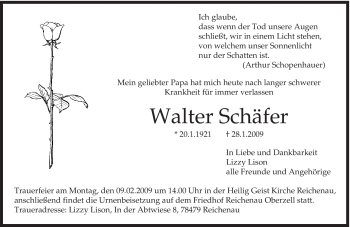 Todesanzeige von Walter Schäfer von HNA