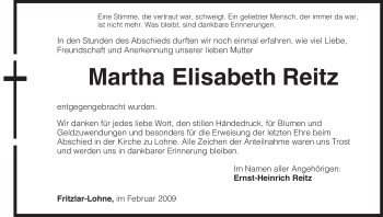 Todesanzeige von Martha Elisabeth Reitz von HNA