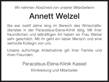 Todesanzeige von Anett Welzel von HNA