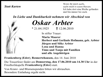 Todesanzeige von Oskar Arbter von HNA