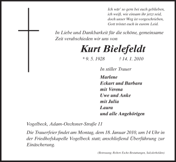 Todesanzeige von Kurt Bielefeldt von HNA