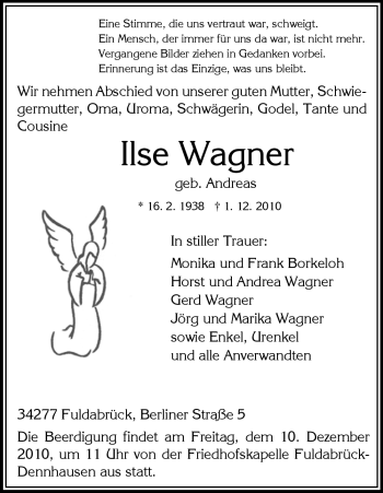 Todesanzeige von Ilse Wagner von HNA