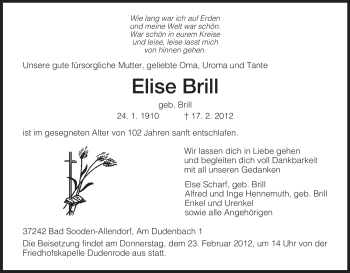 Todesanzeige von Elise Brill von HNA