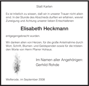 Todesanzeige von Elisabeth Heckmann von HNA