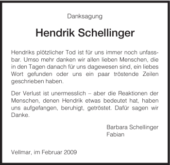 Todesanzeige von Hendrik Schellinger von HNA