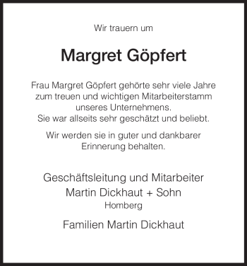Todesanzeige von Margret Göpfert von HNA