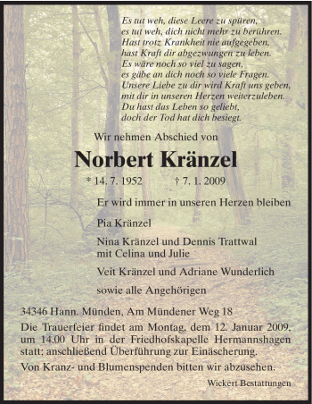 Todesanzeige von Norbert Kränzel von HNA