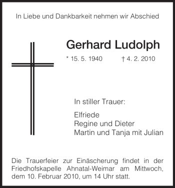 Todesanzeige von Gerhard Ludolph von HNA