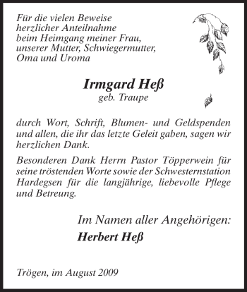Todesanzeige von Irmgard Heß von HNA