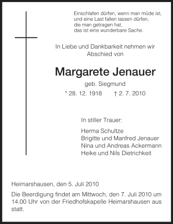 Todesanzeige von Margarete Jenauer von HNA