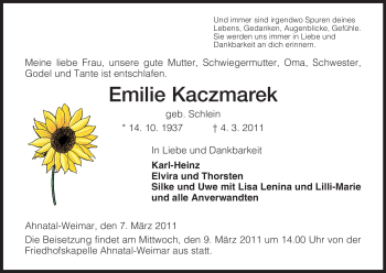 Todesanzeige von Emilie Kaczmarek von HNA