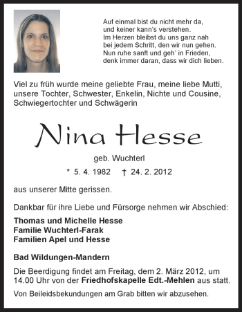 Todesanzeige von Nina Hesse von HNA