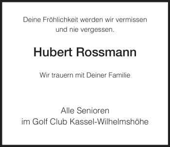 Todesanzeige von Hubert Rossmann von HNA