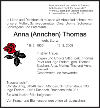 Todesanzeige von Anna Thomas von HNA