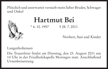 Todesanzeige von Hartmut Bei von HNA