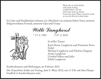 Todesanzeige von Willi Langhorst von HNA