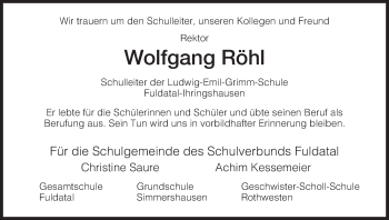 Todesanzeige von Wolfgang Röhl von HNA