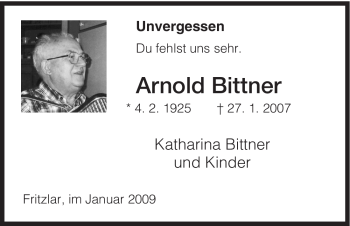 Todesanzeige von Arnold Bittner von HNA