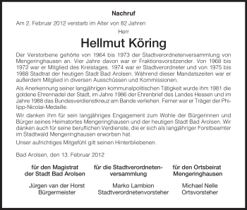 Todesanzeige von Hellmut Köring von HNA