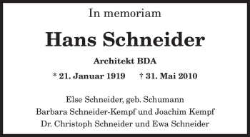 Todesanzeige von Hans Schneider von HNA