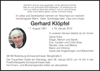 Todesanzeige von Gerhard Klöpfel von HNA