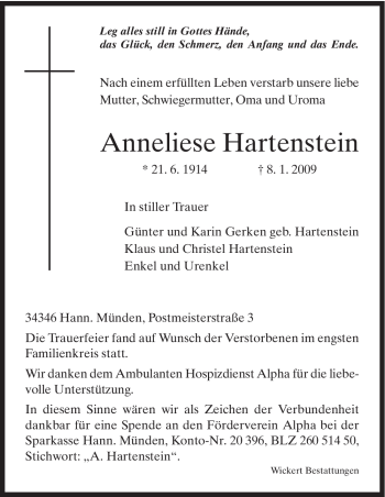 Todesanzeige von Anneliese Hartenstein von HNA
