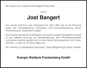 Todesanzeige von Jost Bangert von HNA