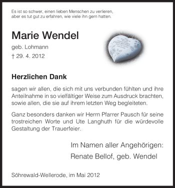 Todesanzeige von Marie Wendel von HNA
